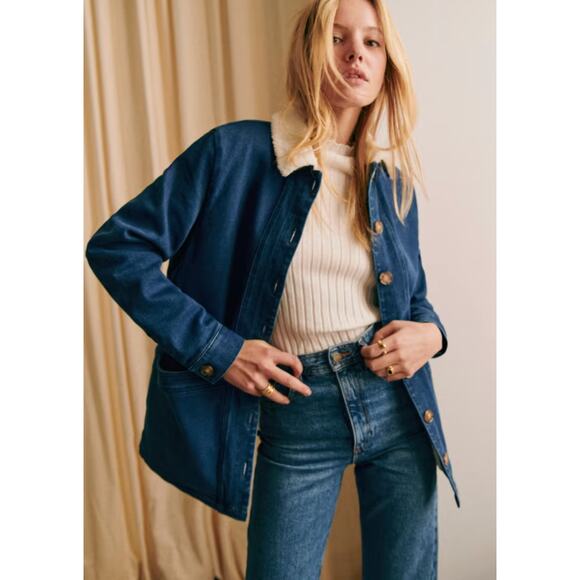 Sezane Will Blue Denim Corduroy Shearling Faux Sheepskin Collar Work Jacket XXS - Picture 1 of 6